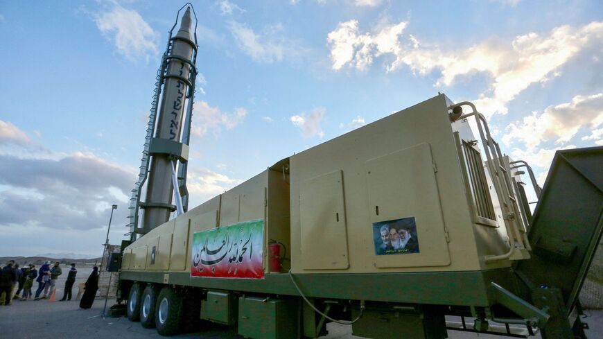 An Iranian long-range Ghadr missile displaying "Down with Israel" in Hebrew is pictured at a defence exhibition in city of Isfahan, central Iran, on Feb. 8, 2023. 