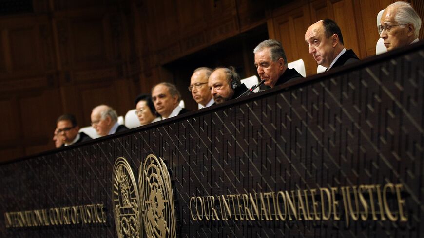 Members of the jury sit in the International Court of Justice in The Hague, The Netherlands, on Jan. 27, 2014. 